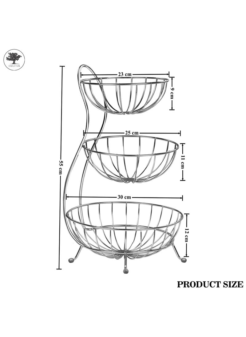 sulfar SS Unique Stacked 3 Tier Bowls Fruits Basket, Dining Table & Kitchen Counter Organizer, Modern Fruit Basket Stand (Silver)  - Image 2