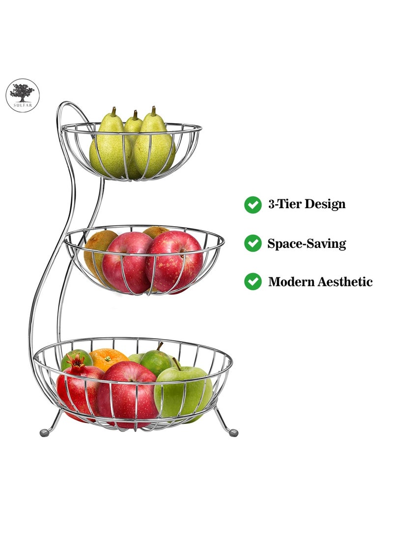 sulfar SS Unique Stacked 3 Tier Bowls Fruits Basket, Dining Table & Kitchen Counter Organizer, Modern Fruit Basket Stand (Silver)  - Image 5