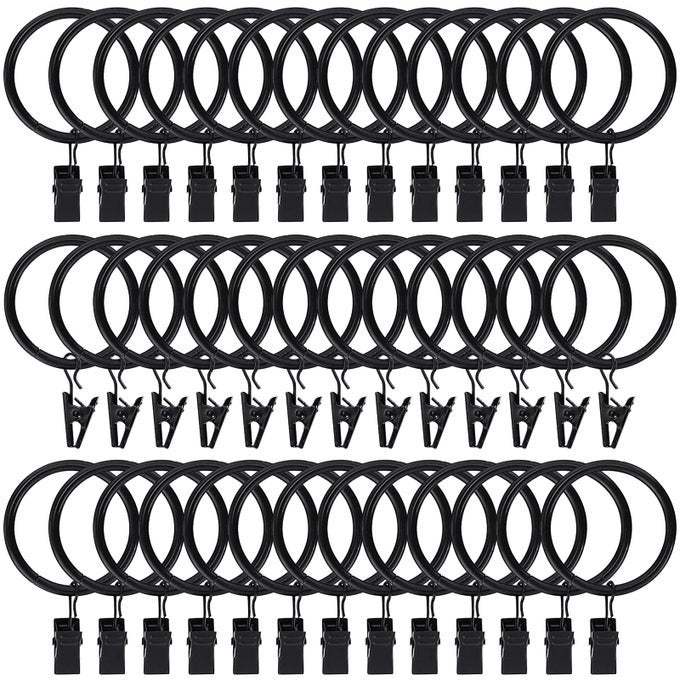 44PCS CURTAIN RINGS WITH CLIPS HOOKS 15 INCH RUSTPROOF MATTE METAL STAINLESS STEEL DRAPERY RINGS FOR TENSION ROD BRACKET EYELETS DECORATIVE HANGERS VINTAGE BLACK 15 INTERIOR DIAMETER