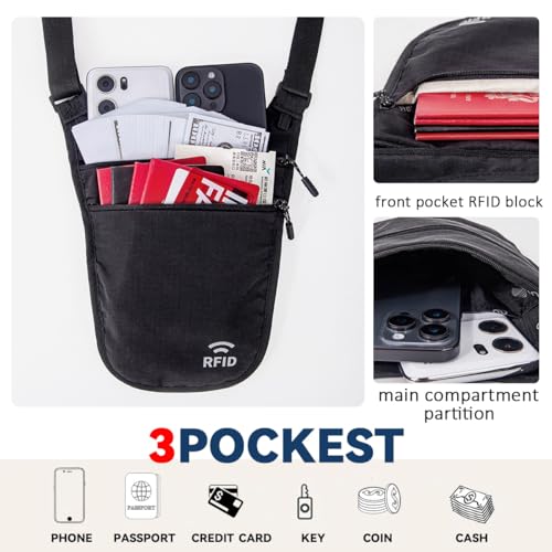 YIPINU Crossbody Money Belt for Travel Women & Men Hidden, Travel Wallet Pouch - Slim Passport Holde, RFID Blocking Neck Wallet Under Clothes to Protect Cash, Credit Cards and Documents (BLACK) - Image 5