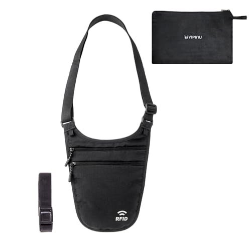 YIPINU Crossbody Money Belt for Travel Women & Men Hidden, Travel Wallet Pouch - Slim Passport Holde, RFID Blocking Neck Wallet Under Clothes to Protect Cash, Credit Cards and Documents (BLACK) - Image 1