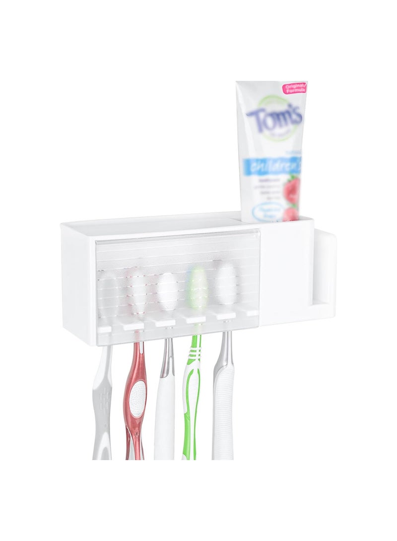 SYOSI Wallmount Toothbrush Holder, 5 Slots with Cover, Plastic Multifunctional Toothpaste Toothbrush Organizer, Compatible with Oral-B Cross Action, Colgate Renewal, for Shower, RV, Camper(White)  - Image 1