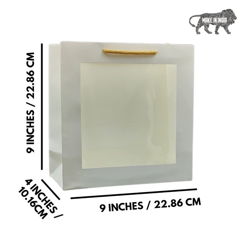 Arrow Paper Products White Transparent Window Bag Printed Gift Bags For Gifting | Weddings | Birthday | Holiday Presents (Size 9 X 9 X 4 Inch | Pack of 80) - Image 5