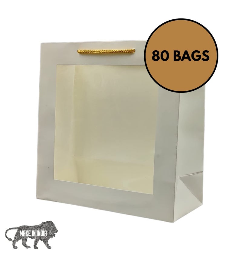 Arrow Paper Products White Transparent Window Bag Printed Gift Bags For Gifting | Weddings | Birthday | Holiday Presents (Size 9 X 9 X 4 Inch | Pack of 80) - Image 3