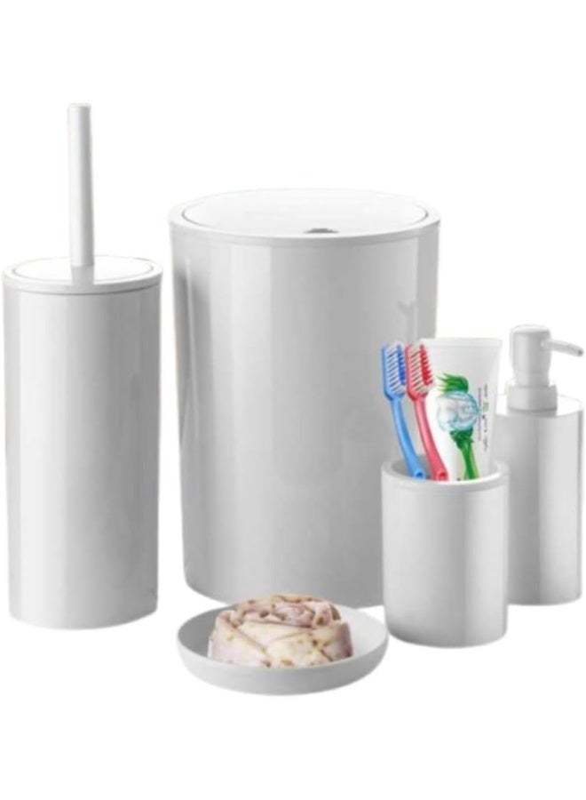 بريمانوفا مجموعة إكسسوارات الحمام البلاستيكية فلوريس المكونة من 5 قطع تتضمن سلة مهملات سعة 6 لتر وفرشاة مرحاض 18 × 18 × 25 سم وموزع صابون 10 × 10 × 23 سم وحامل فرشاة أسنان وطبق صابون بلاستيكي أبيض - Image 1