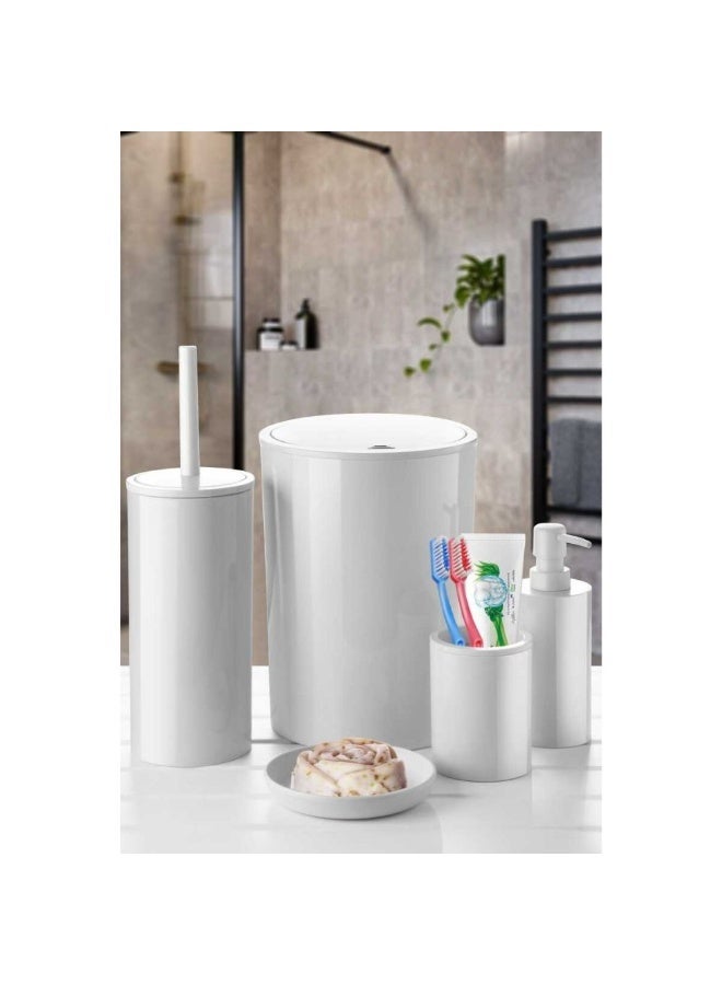 بريمانوفا مجموعة إكسسوارات الحمام البلاستيكية فلوريس المكونة من 5 قطع تتضمن سلة مهملات سعة 6 لتر وفرشاة مرحاض 18 × 18 × 25 سم وموزع صابون 10 × 10 × 23 سم وحامل فرشاة أسنان وطبق صابون بلاستيكي أبيض - Image 2