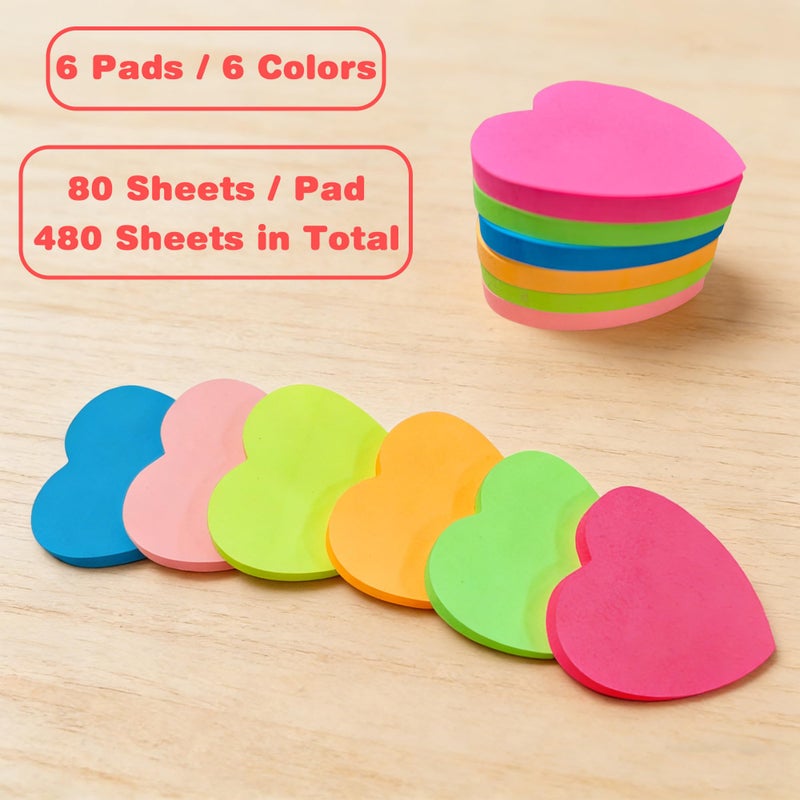 OHOME Heart Sticky Notes - 6 Pads Valentines Gifts | Valentines Party Favors Supplies for Women - Post Notes Stickers for Galentines - Teacher Must Have Desk Accessories for Classroom Office,80 Sheets/Pad - Image 2