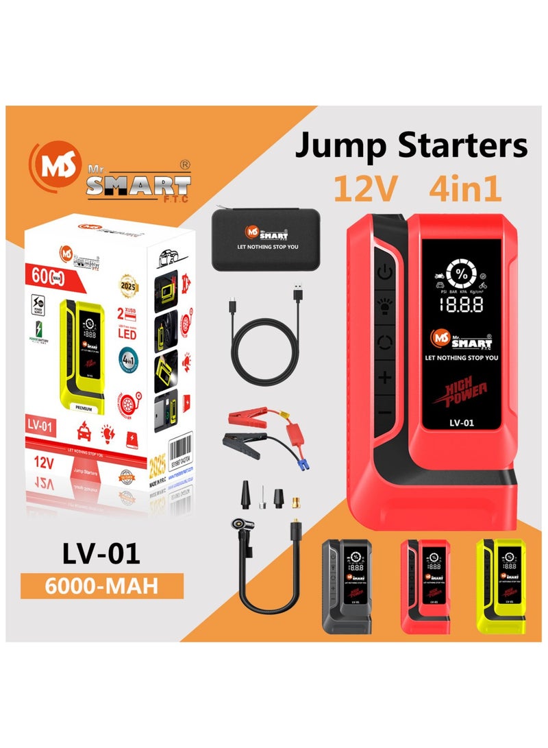 MR.SMART LV-01 Car Jump Starter, 12V 6000mAh, 4-in-1 Portable Power Bank with LED Light, Black and Red - Image 1