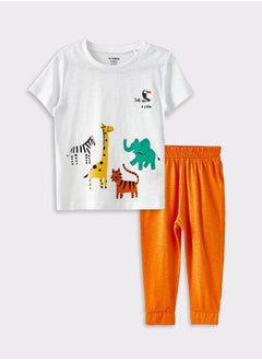 Crew Neck Short Sleeve Printed Cotton Baby Boy T-Shirt and Trousers 2-Piece Set
