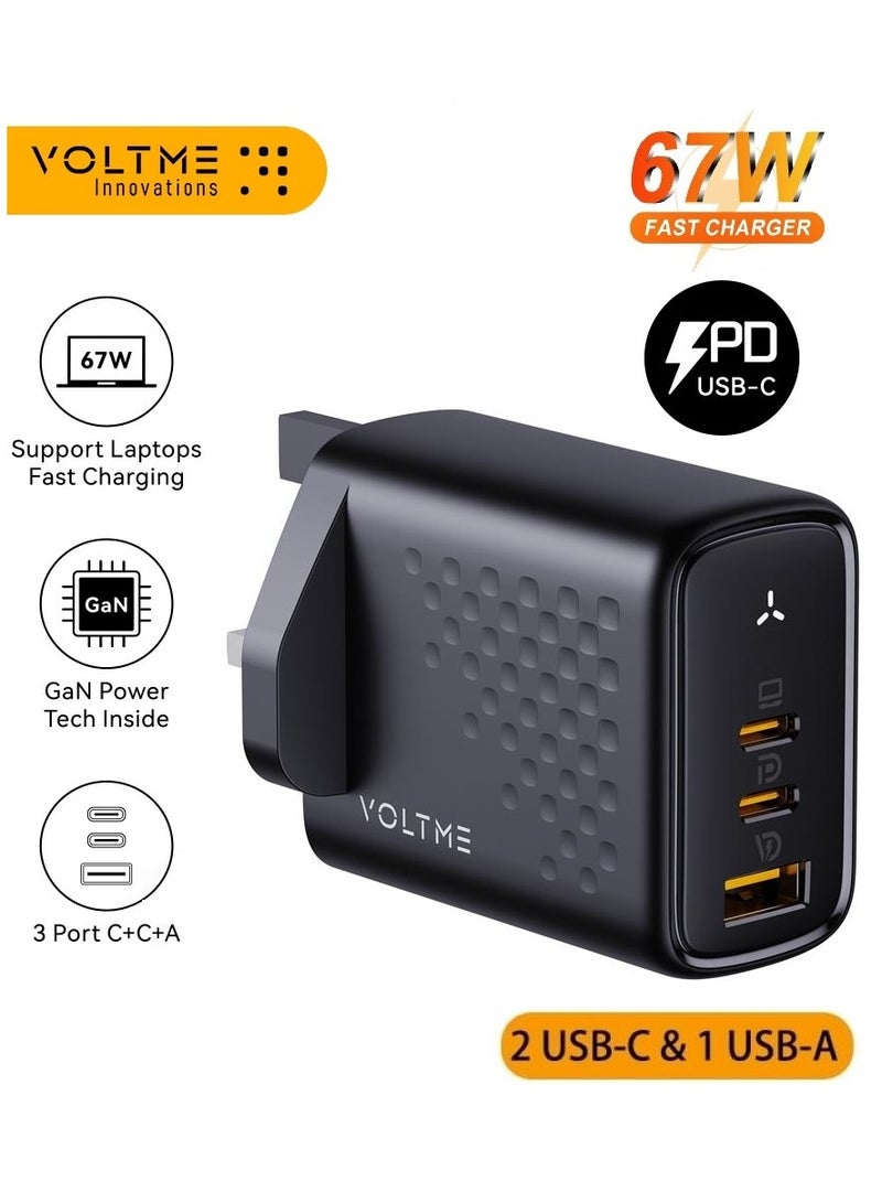 فولتمي شاحن حائط سريع بتقنية GaN بقدرة ٦٧ واط، محول طاقة USB-C بثلاثة منافذ ودعم الشحن السريع PD، شاحن تايب سي عالي السرعة لآيفون آير، آيفون ١٧ / ١٧ برو / ١٧ برو ماكس، آيفون ١٦ / ١٥ / ١٤ / ١٣، آيباد برو وآير، ماك بوك برو وآير، سامسونج جالكسي S٢٥ / S٢٤ / S٢٣ / S٢٢، جوجل بيكسل، آبل ووتش، إيربودز برو، ستيم ديك، شاحن سفر مدمج (أسود) - Image 1