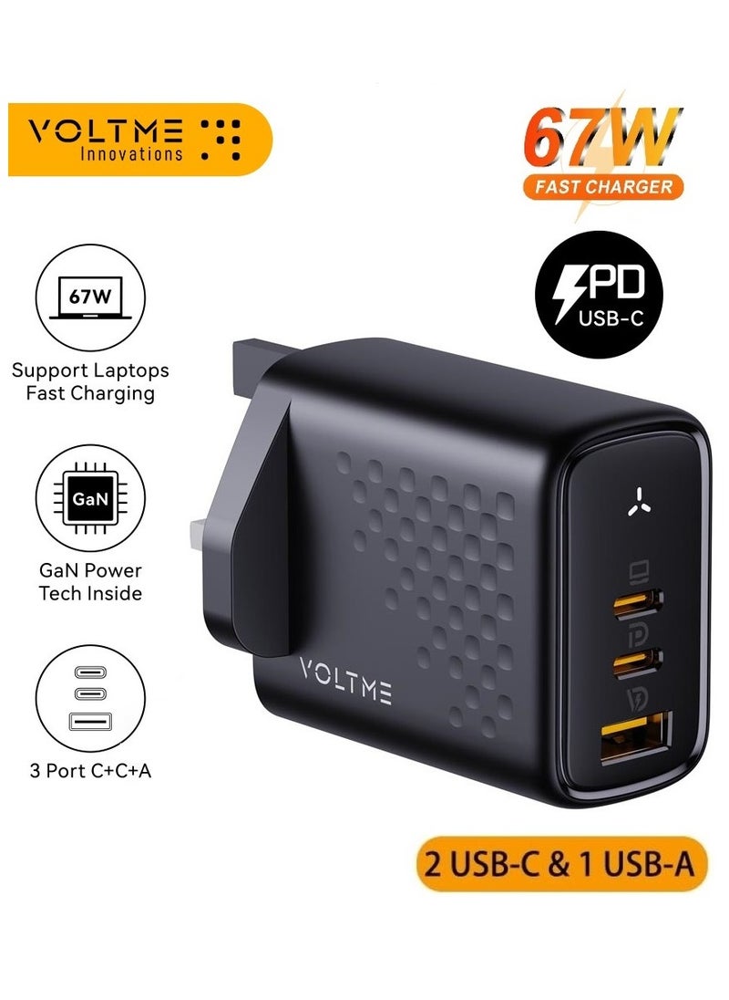 VOLTME - 67W USB-C Charger, 3-Port GaN PD Fast Wall Charger for MacBook Pro/Air, iPhone 16 Series (16 Pro Max, 16 Pro, 16 Plus), iPhone 15/14/13/12/11, iPad Pro/Air, Galaxy S24/S23/S22, Note20, Pixel, Apple Watch, Air Pods Pro, Steam Deck, and More - Image 1