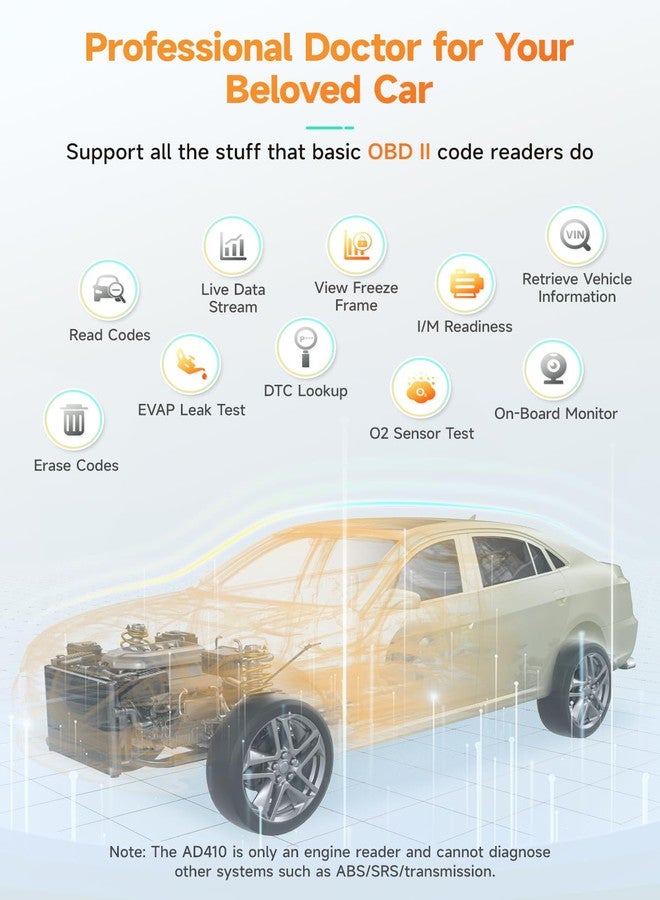 أنسيل جهاز فحص أعطال السيارات ANCEL AD410 المحسّن OBD2، قارئ أكواد السيارات، يمسح ضوء المحرك فورًا، جهاز فحص أعطال السيارات OBD II، أداة فحص شاملة لجميع مركبات OBDII موديلات 1996 وما بعدها، أسود/أصفر - Image 2