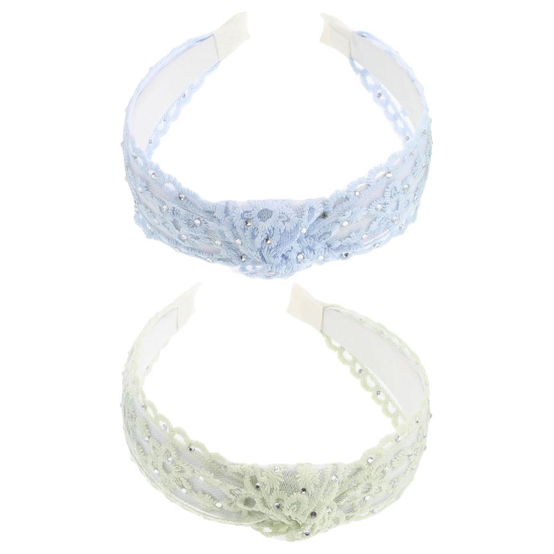 Beaupretty 2 Pcs Wide Floral Headbands for Women, Sparkly Rhinestone Embroidered Hairbands in Light Blue and Light Green, Bohemian Style Hair Accessories for Weddings, Proms, and Daily Wear - Image 1