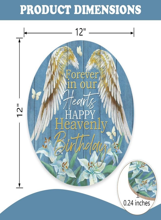 Bolisom Memorial Forever in Our Hearts Front Door Sign, Happy Heavenly Birthday Wings Lily Wood Plaque Hanger Outdoor Porch Home Decor, Farmhouse Wooden Wreath Wall Hanging Decoration Sympathy Gifts - Image 2