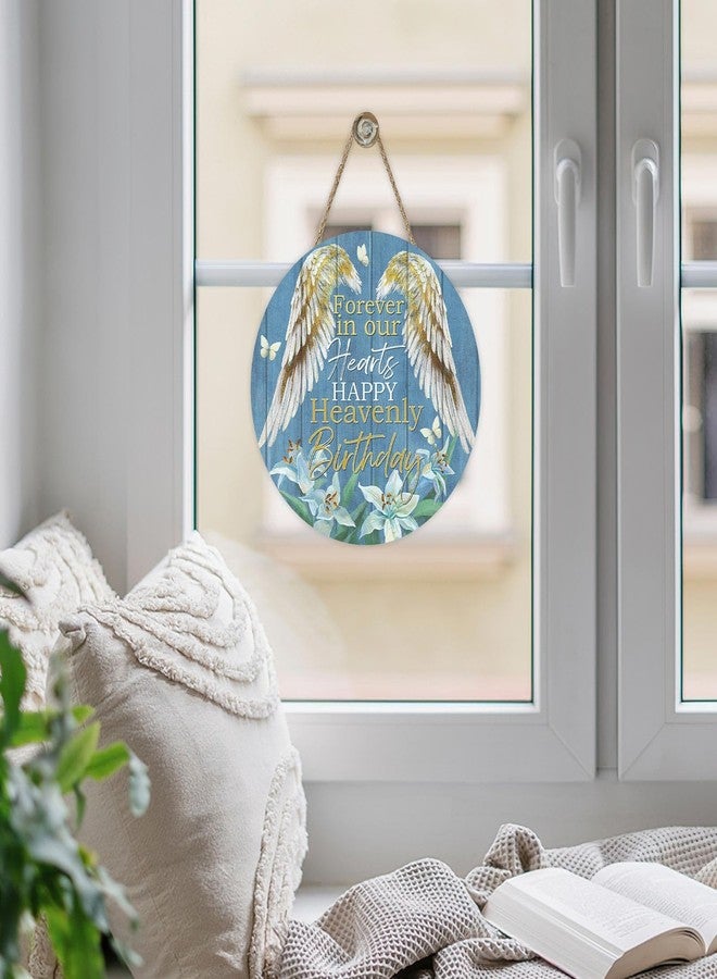 Bolisom Memorial Forever in Our Hearts Front Door Sign, Happy Heavenly Birthday Wings Lily Wood Plaque Hanger Outdoor Porch Home Decor, Farmhouse Wooden Wreath Wall Hanging Decoration Sympathy Gifts - Image 5