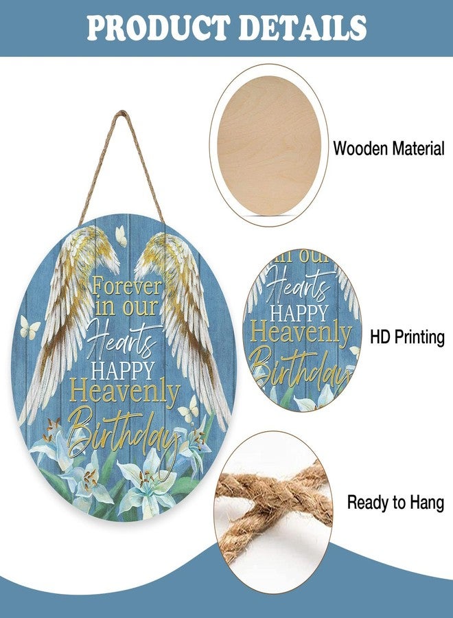 Bolisom Memorial Forever in Our Hearts Front Door Sign, Happy Heavenly Birthday Wings Lily Wood Plaque Hanger Outdoor Porch Home Decor, Farmhouse Wooden Wreath Wall Hanging Decoration Sympathy Gifts - Image 3