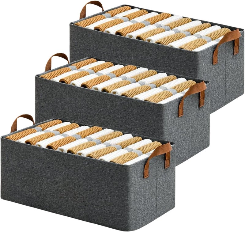 DAREV Wardrobe Organizer for Clothes with Metal Frame Rectangle Storage Baskets for Clothing Fabric Storage Box with Handles Shelf Basket for Storage Clothes Pants Jeans Sweater (Grey, Pack of 3) - Image 1