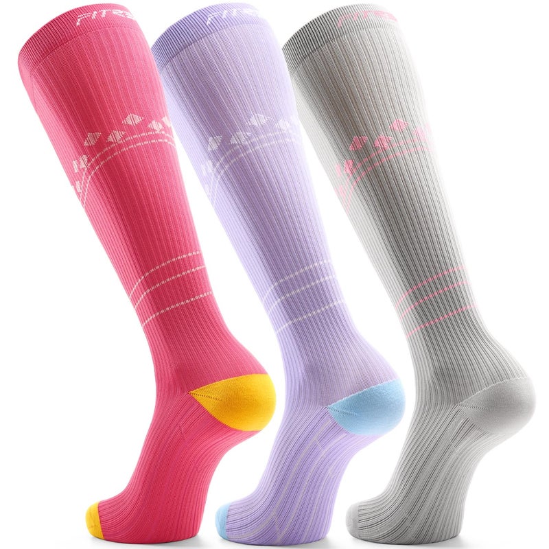 FITRELL 3 Pairs Compression Socks for Women and Men 20-30mmHg- Support Socks for Travel, Running, Nurse, Knee High Socks, Grey+Lavender+Pink S/M - Image 1