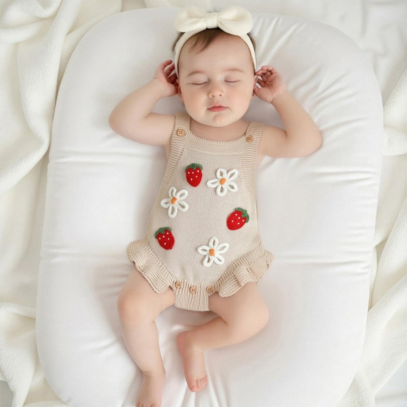 wybzd Newborn Sweater Romper Baby Girl Crochet Knit Sweaters Rompers Embroidery Flower Strawberry Outfit Sleeveless Bodysuit (Beige, 3-6 Months) - Image 2