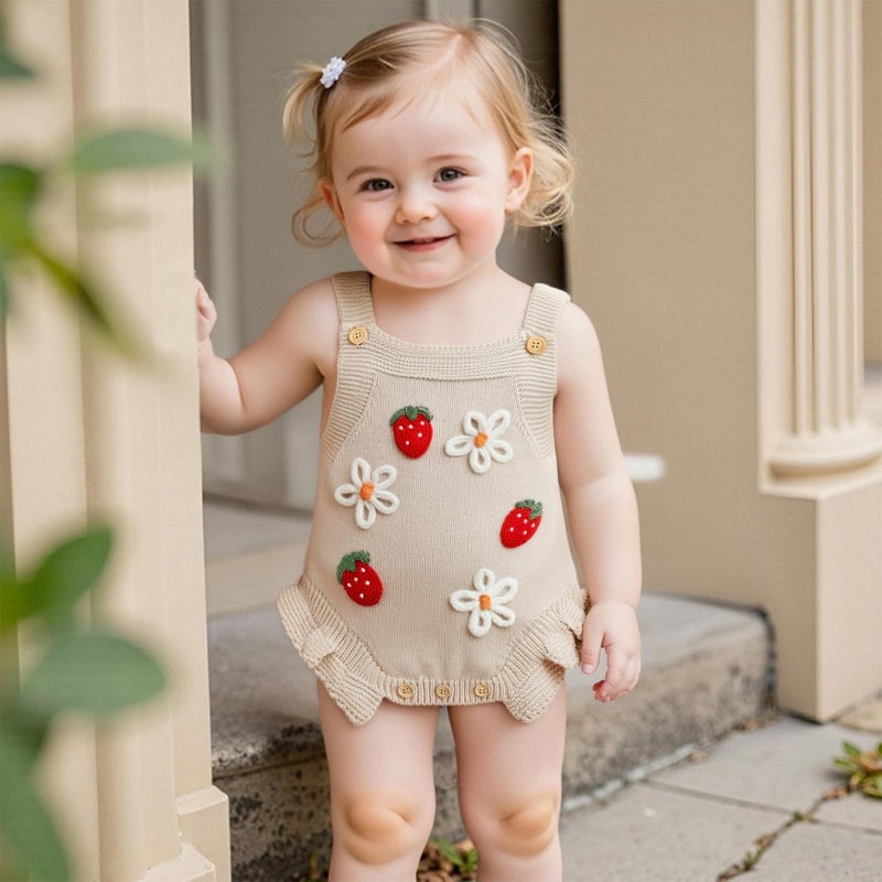 wybzd Newborn Sweater Romper Baby Girl Crochet Knit Sweaters Rompers Embroidery Flower Strawberry Outfit Sleeveless Bodysuit (Beige, 3-6 Months) - Image 3