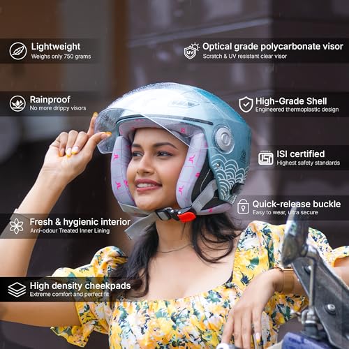 TVARRA Lilt Women's Open Face Helmet for Scooty | Lightweight 750g | Stylish Designer Half Face Helmet with Clear Visor | Designed for Ladies & Girls | ISI Certified (Aqua Blue,M) - Image 2