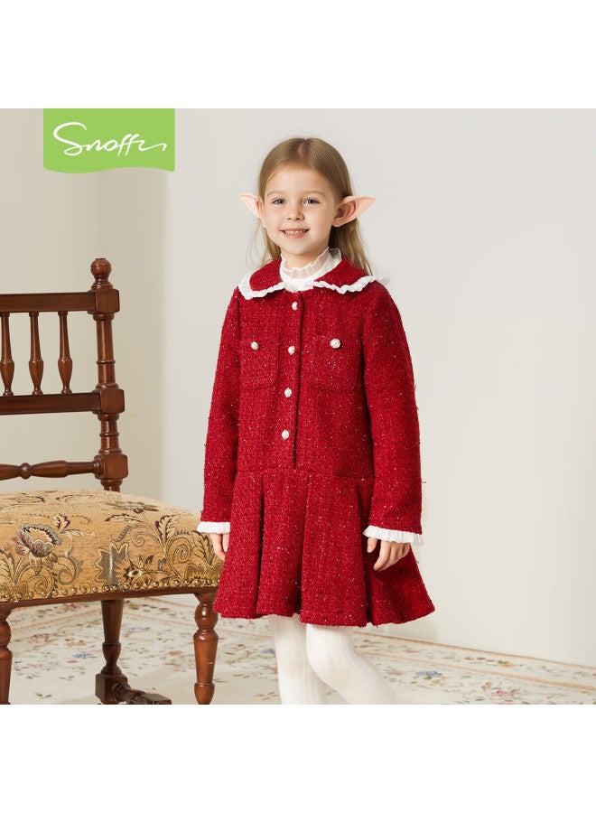 Snoffy Girls' New Year Dress Princess Dress Autumn Winter Red Little Chanel Style Dress Elegant Fashion Litchi Red 120 - Image 1