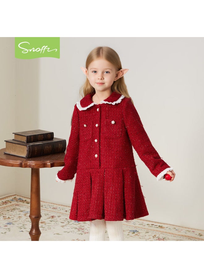 Snoffy Girls' New Year Dress Princess Dress Autumn Winter Red Little Chanel Style Dress Elegant Fashion Litchi Red 120 - Image 3