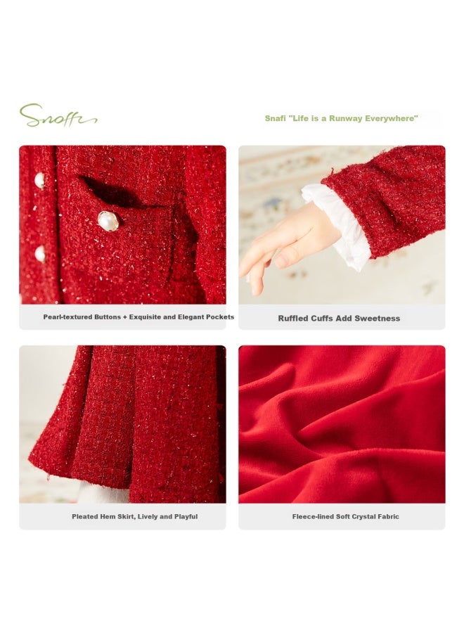 Snoffy Girls' New Year Dress Princess Dress Autumn Winter Red Little Chanel Style Dress Elegant Fashion Litchi Red 120 - Image 2