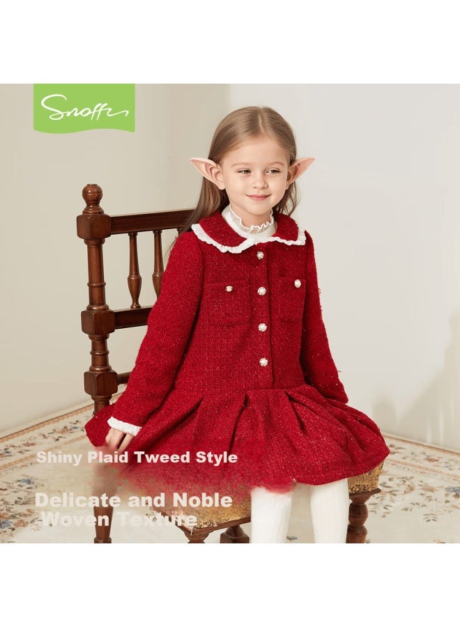 Snoffy Girls' New Year Dress Princess Dress Autumn Winter Red Little Chanel Style Dress Elegant Fashion Litchi Red 120 - Image 4