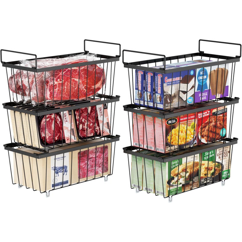 iSPECLE Freezer Storage Bins 6 Pack Small Stackable Deep Freezer Organizer Bins for Most 7 CuFT Chest Freezer Sort Frozen Food Freezer Basket with Handles Easy to Get Food from Bottom Black