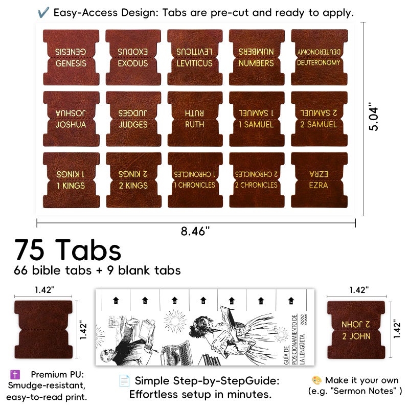 XKDOUS Leather Bible Tabs for Women and Men, 75 Chapters Laminated Dividers Bible Book Tabs, New/Old Testament Easy Navigation, Large Print, Bible Study Supplies (Brown) - Image 2