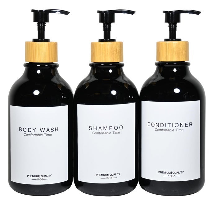 SHAMPOO AND CONDITIONER BOTTLES APOTHECARY DISPENSER BAMBOO PUMP REFILLABLE SHAMPOO BOTTLES FOR SHAMPOO LOTION OIL SHOWER SOAP HAND SOAP AND DISH SOAP PLASTIC BLACK SET BLACK