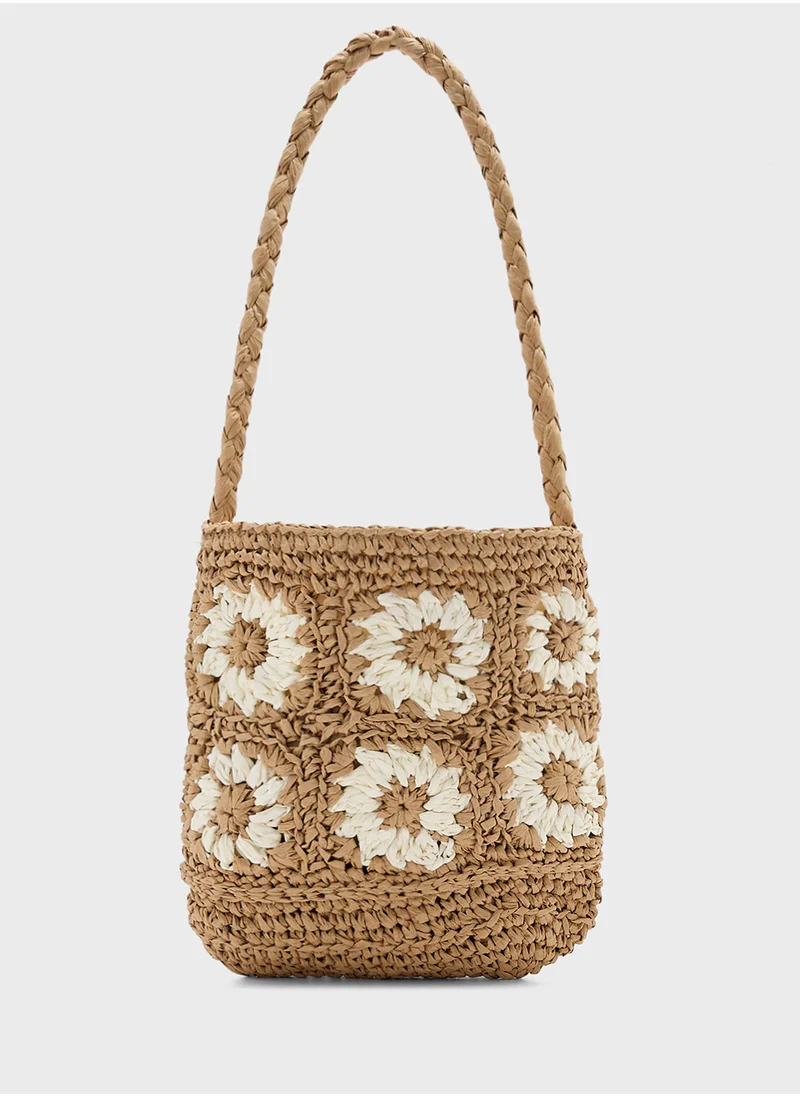 جينجر Raffia Floral Bucket Shoulder Bag