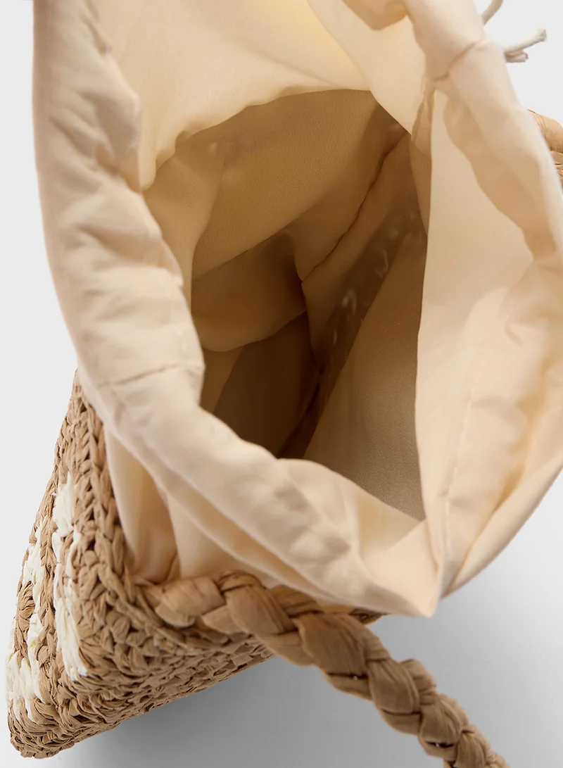 جينجر Raffia Floral Bucket Shoulder Bag