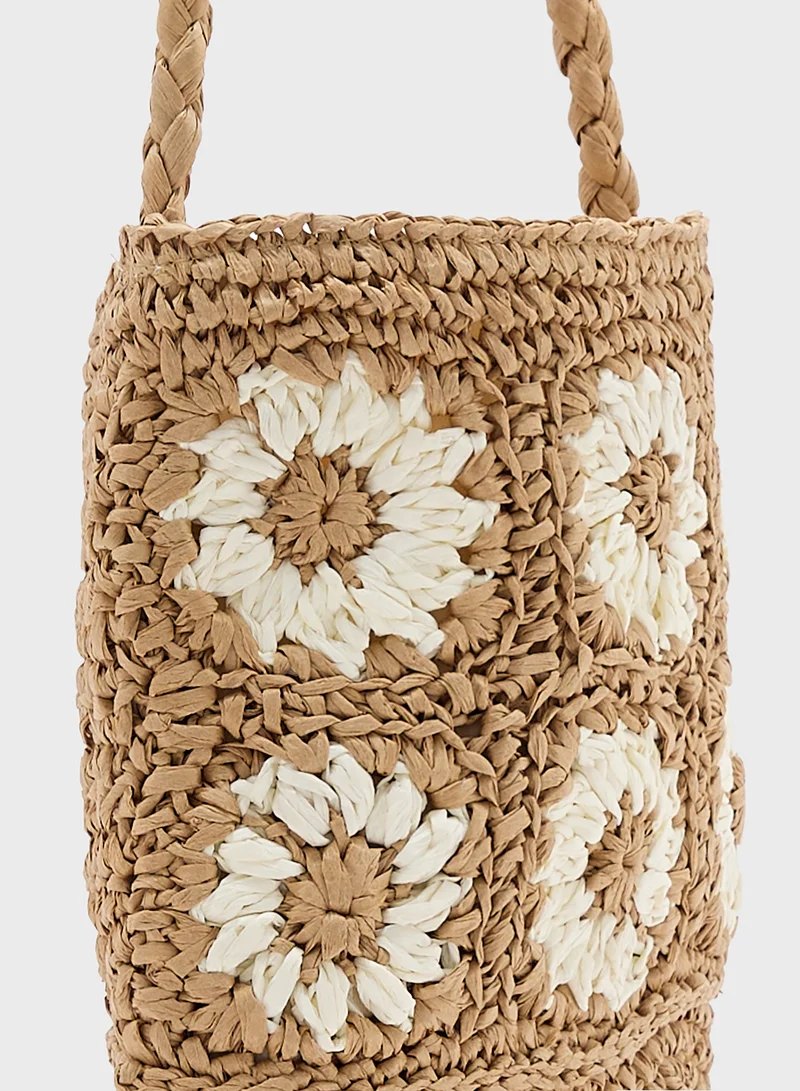 جينجر Raffia Floral Bucket Shoulder Bag