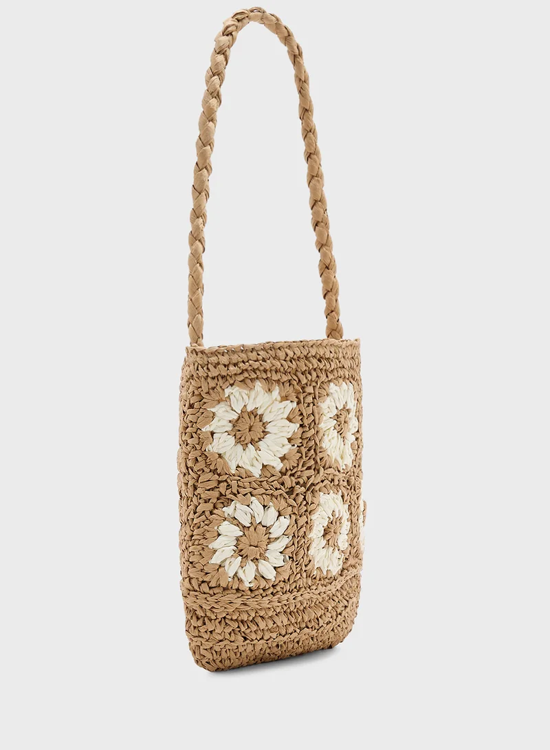 جينجر Raffia Floral Bucket Shoulder Bag
