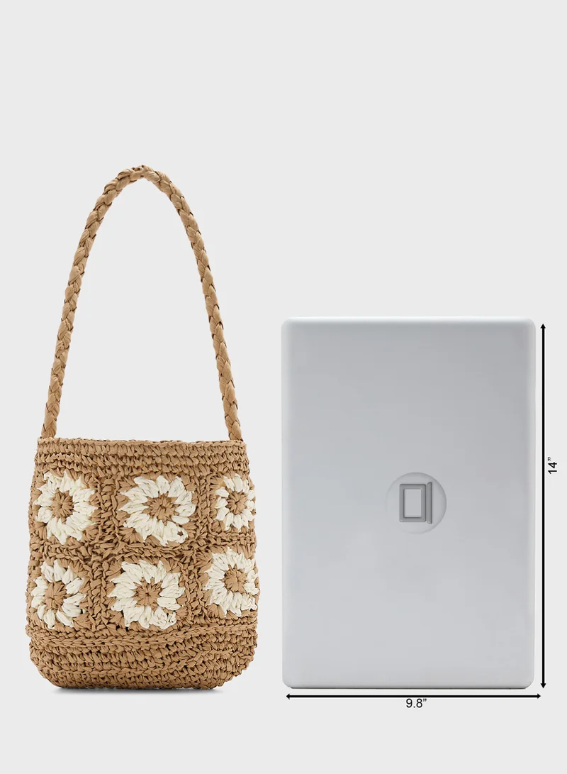 جينجر Raffia Floral Bucket Shoulder Bag