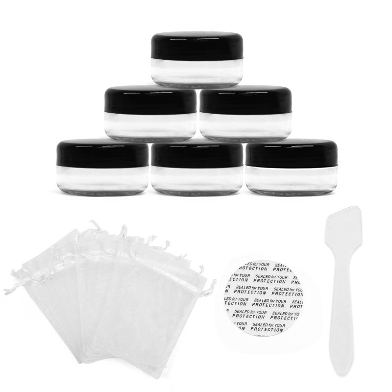 SumDirect 5 Gram Cosmetic Containers  100Pcs Sample Jars with Lids Small Plastic Makeup Sample Containers with 10Pcs Organza Bags and a Scoop