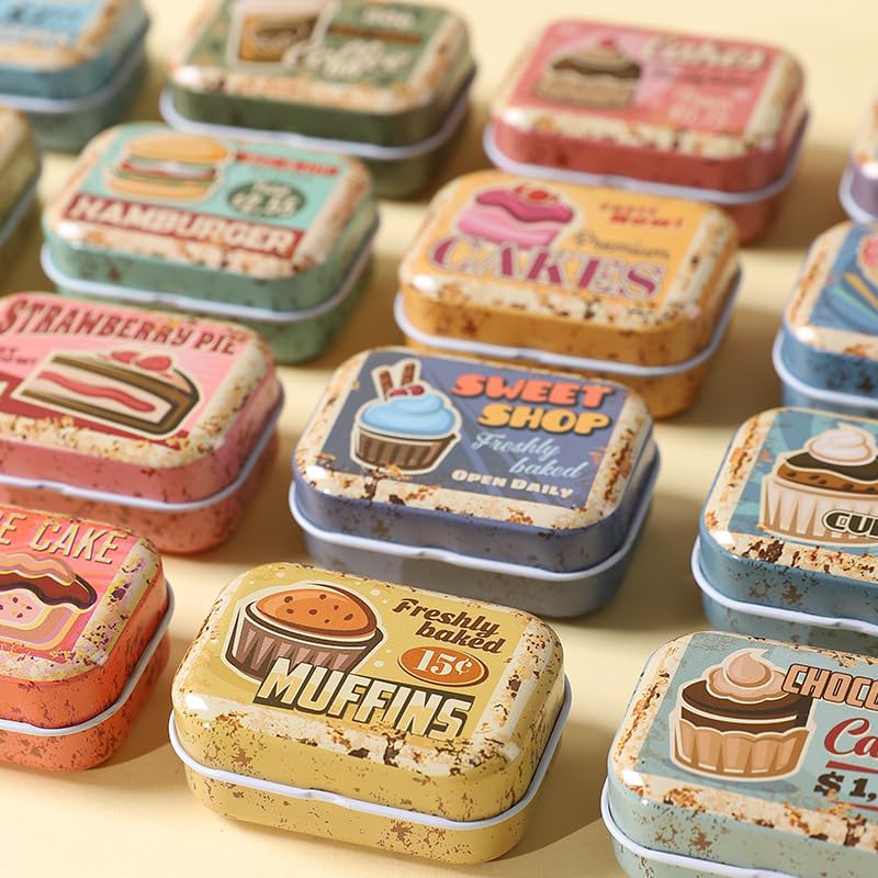 werdecade 8Pcs Mini Vintage Desserts Tin Trinket Jewelry Organizer Storage Box Decorative Boxes Small Metal Tins with Hinged Lids Portable Box Containers Small Storage Kit (Vintage Dessert) - Image 3