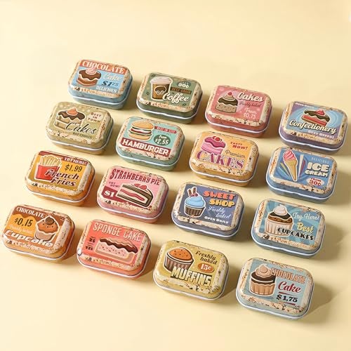 werdecade 8Pcs Mini Vintage Desserts Tin Trinket Jewelry Organizer Storage Box Decorative Boxes Small Metal Tins with Hinged Lids Portable Box Containers Small Storage Kit (Vintage Dessert) - Image 1