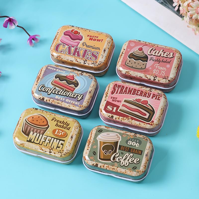 werdecade 8Pcs Mini Vintage Desserts Tin Trinket Jewelry Organizer Storage Box Decorative Boxes Small Metal Tins with Hinged Lids Portable Box Containers Small Storage Kit (Vintage Dessert) - Image 5