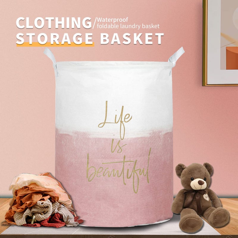 Aouker Merdes 19.7â€™â€™ Waterproof Foldable Laundry Hamper, Dirty Clothes Laundry Basket, Linen Bin Storage Organizer for Toy Collection (Life Pink) - Image 2