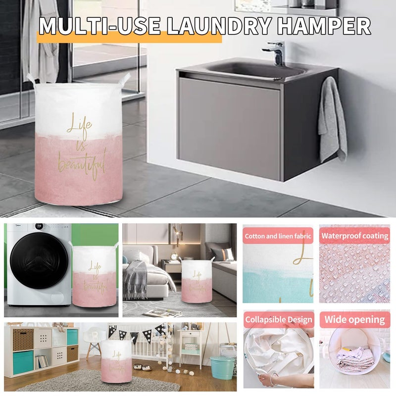 Aouker Merdes 19.7â€™â€™ Waterproof Foldable Laundry Hamper, Dirty Clothes Laundry Basket, Linen Bin Storage Organizer for Toy Collection (Life Pink) - Image 4