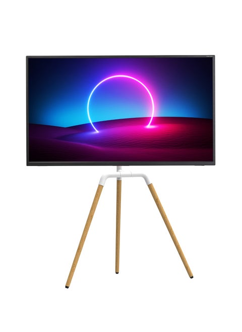 Easel TV Stand for 45-65 Inch Screens Portable Swivel Tripod TV Stand with Wooden Tray Height Adjustable Concealed Cable Management Max Load 40Kg - White