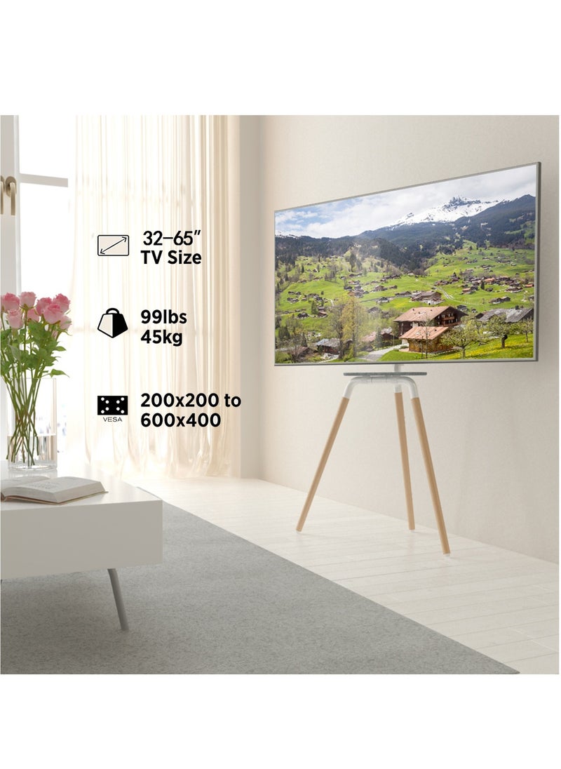 FlashHawk - Easel TV Stand for 45-65 Inch Screens Portable Swivel Tripod TV Stand with Wooden Tray Height Adjustable Concealed Cable Management Max Load 40Kg - White - Image 1