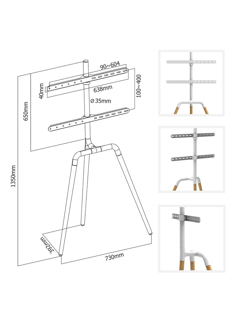FlashHawk - Easel TV Stand for 45-65 Inch Screens Portable Swivel Tripod TV Stand with Wooden Tray Height Adjustable Concealed Cable Management Max Load 40Kg - White - Image 1