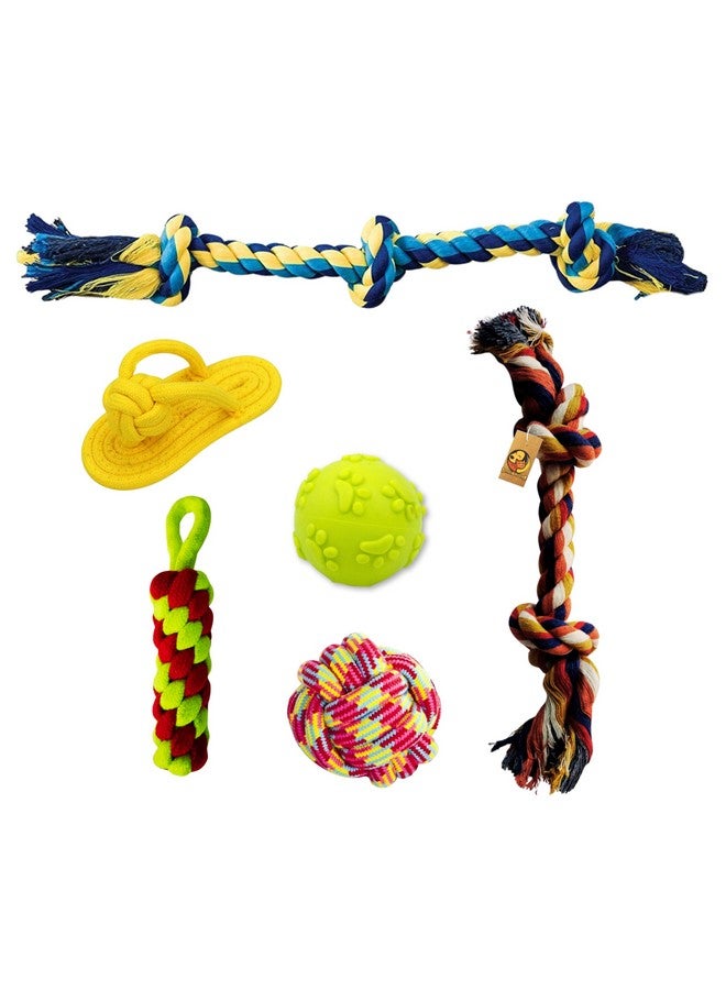 Generic 6 In 1 Squeaky And Chew Rope Dog Toy Combo - (2Knot Rope + 3Knot Rope + Cotton Ball + Slipper + Corn Stick + Claw Ball) | Chewing, Playing, & Teething Toy For Small Dog And Puppies  - Image 1