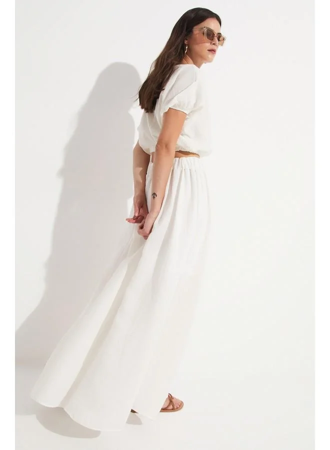 JUNE June Women 100% Cotton Elastic Waist Slit Detailed Skirt White