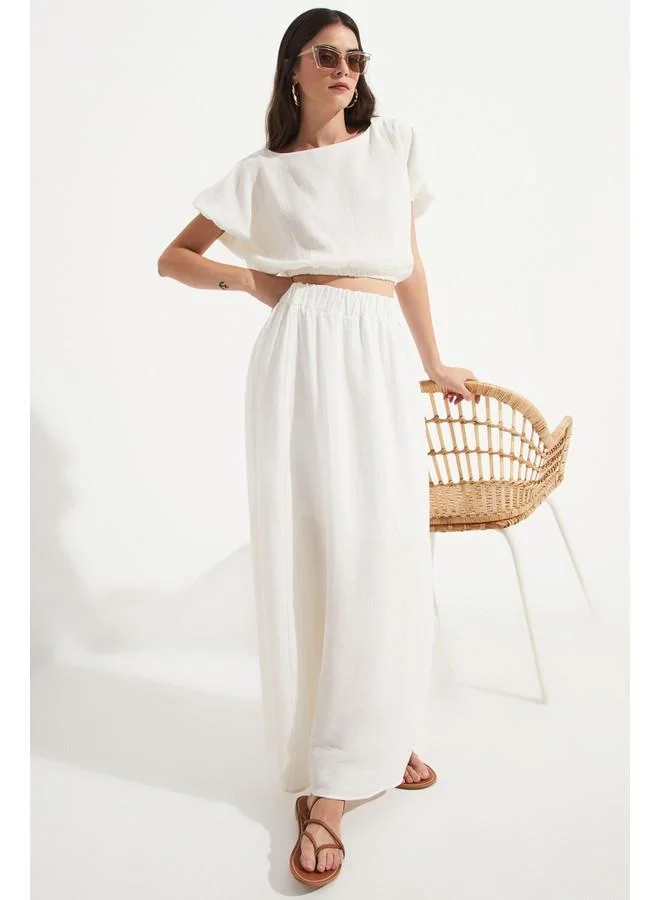 JUNE June Women 100% Cotton Elastic Waist Slit Detailed Skirt White