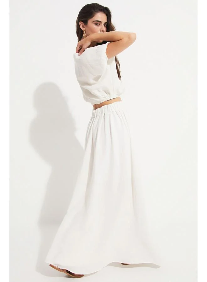 JUNE June Women 100% Cotton Elastic Waist Slit Detailed Skirt White